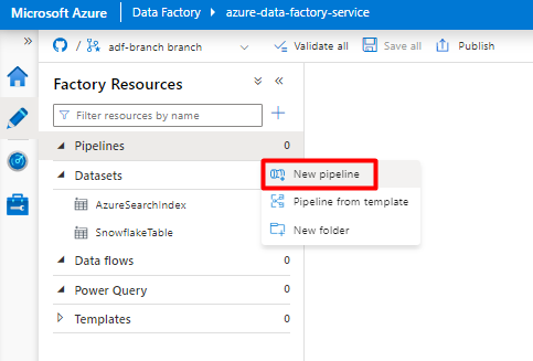 Screenshot showing how to choose a new Pipeline in Azure Data Factory to create for Snowflake data ingestion.