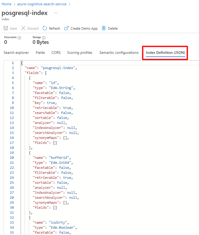 Screenshot showing how to copy existing Azure Cognitive Search index JSON configuration.