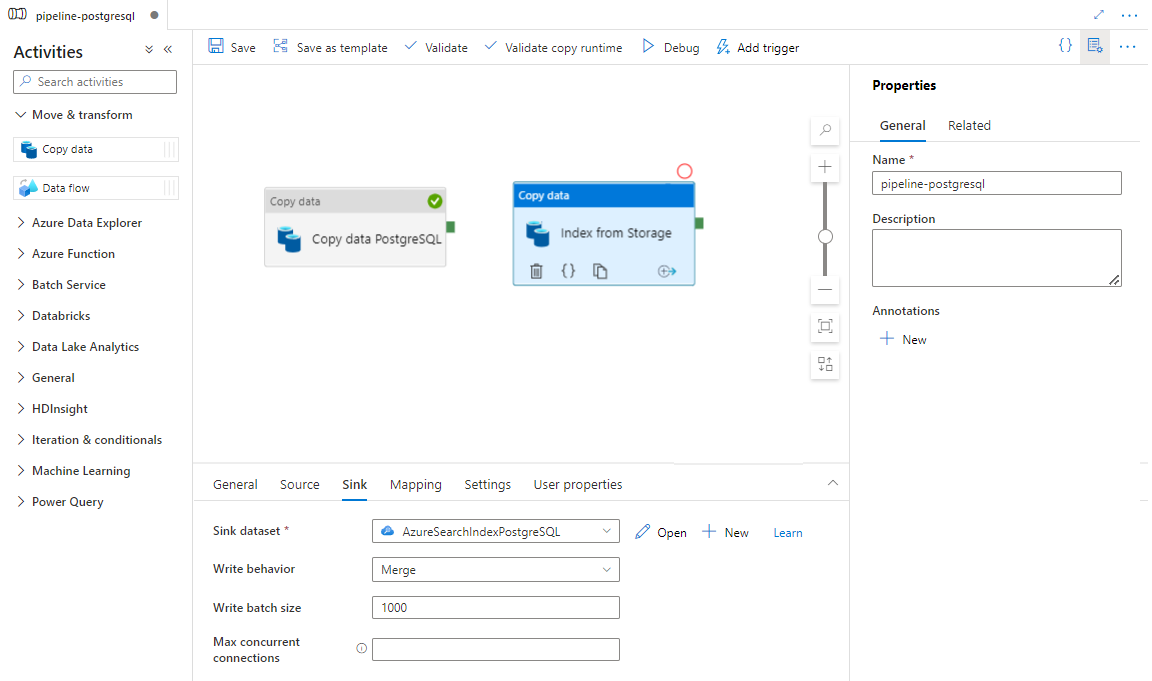 Screenshot showing how to configure Sink for indexing from Storage to Azure Cognitive Search index.