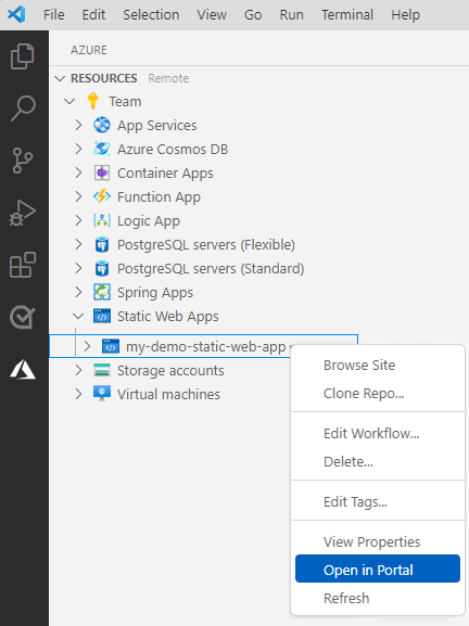 Captura de pantalla de Visual Studio Code que muestra el explorador de Azure Static Web Apps con la opción Abrir en el portal.