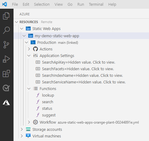Captura de pantalla de Visual Studio Code que muestra el explorador de Azure Static Web Apps con la nueva configuración de la aplicación.