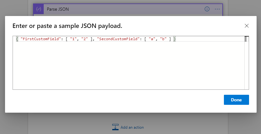 Escriba una carga JSON de ejemplo.