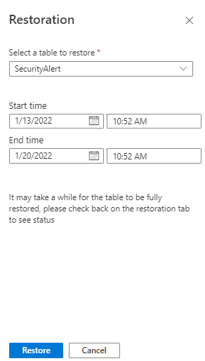 Captura de pantalla de la página de restauración con la tabla y el intervalo de tiempo seleccionados.