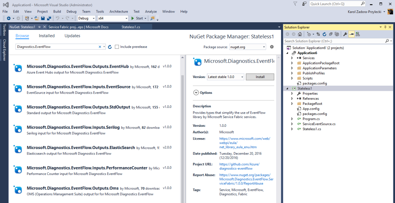 Paquetes de NuGet para EventFlow en la interfaz de usuario del administrador de paquetes de NuGet de Visual Studio