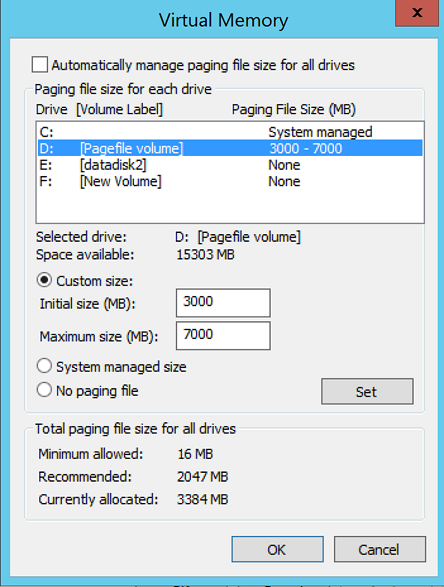 Captura de pantalla del cuadro de diálogo de memoria virtual, con la unidad D: resaltada. Línea de unidad resaltada que muestra [Pagefile volume] y un tamaño de archivo de paginación (MB) de 3000-7000.