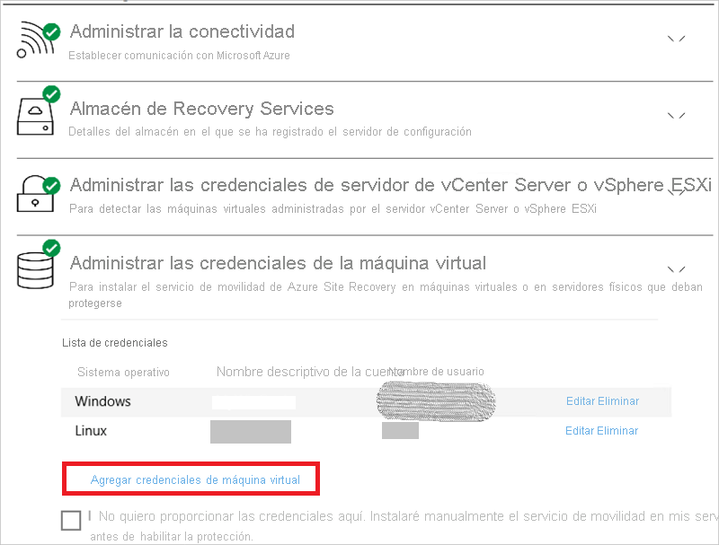 Screenshot shows Manage virtual machine credentials pane with the Add virtual machine credentials link.