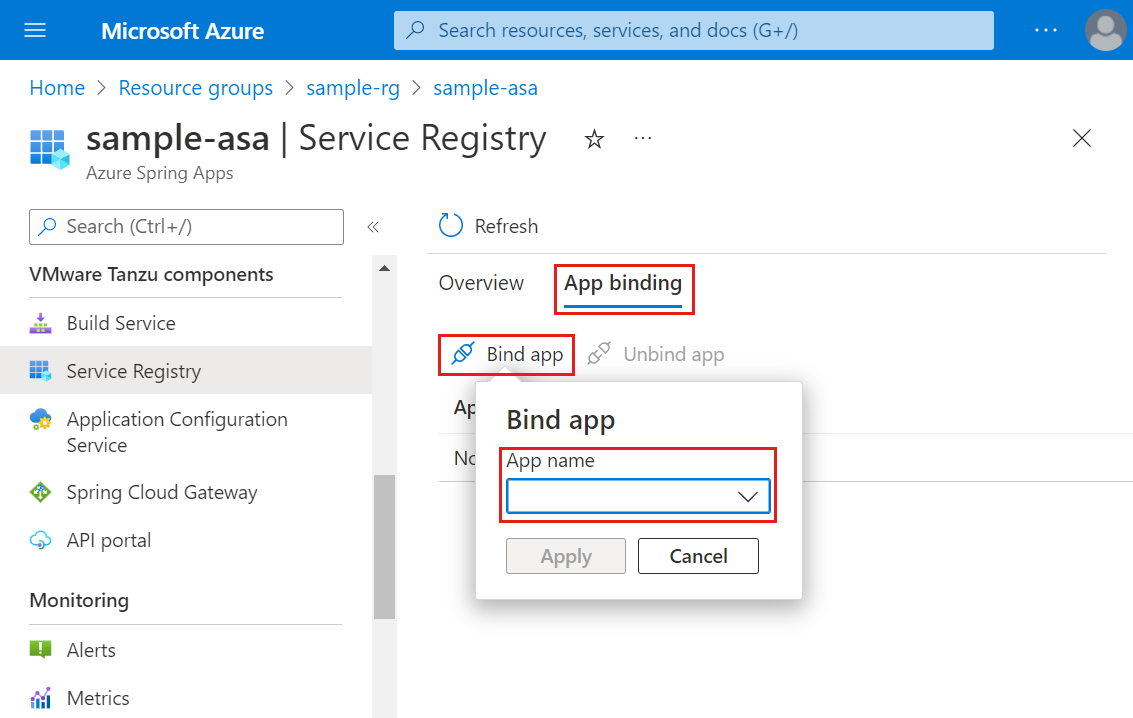 Captura de pantalla de Azure Portal que muestra la página Registro de servicio con la lista desplegable Enlace de aplicaciones resaltada.