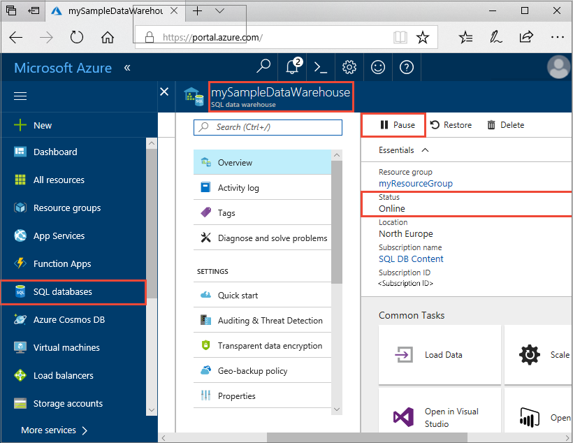 Captura de pantalla de Azure Portal que indica que el proceso del grupo de SQL dedicado está en línea.