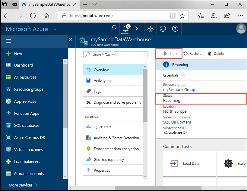Captura de pantalla que muestra Azure Portal para un almacenamiento de datos de ejemplo con el botón Iniciar seleccionado y un valor de estado Reanudando.