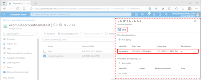Screenshot showing how to apply a stored access policy within the Azure portal.
