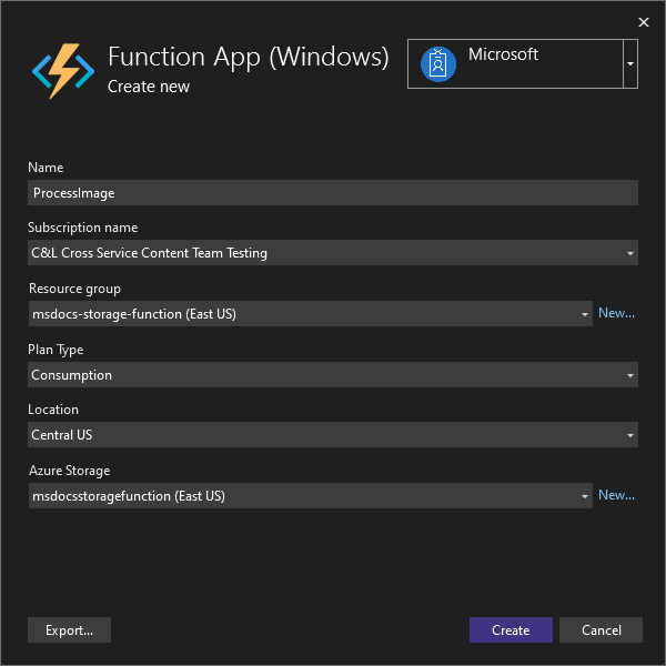 Captura de pantalla que muestra cómo crear una nueva aplicación de funciones en Azure.