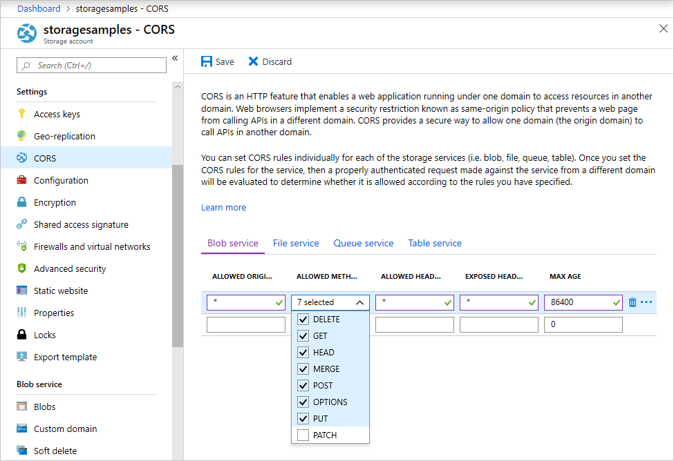 Configuración de CORS de la cuenta de Azure Blob Storage