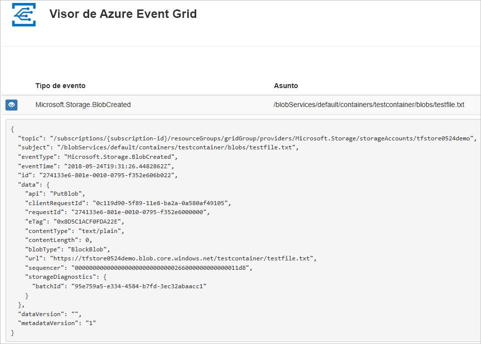Screenshot of the Azure Event Grid Viewer that shows event data that has been sent to the web app.
