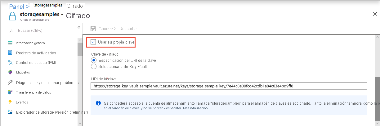 Captura de pantalla que muestra el valor de la clave de cifrado en Azure Portal