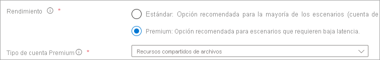 Captura de pantalla del botón de radio Rendimiento con la opción Prémium seleccionada y el Tipo de cuenta con la opción FileStorage seleccionada.