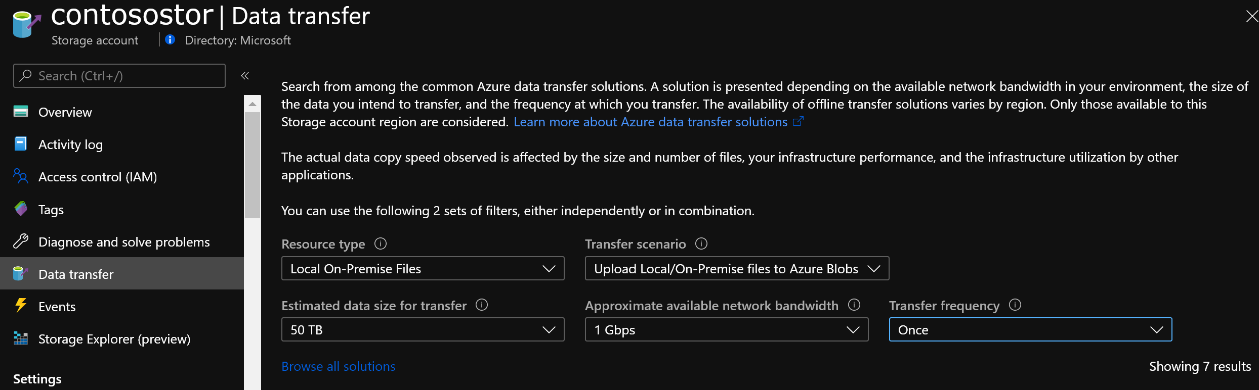Muestra estimador de transferencia de datos de Azure Storage en el portal.
