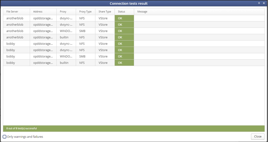 Captura de pantalla de la interfaz de usuario de prueba de conexión de DobiSync
