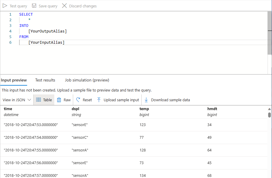 Captura de pantalla que muestra datos de entrada de ejemplo en la pestaña Vista previa de entrada.