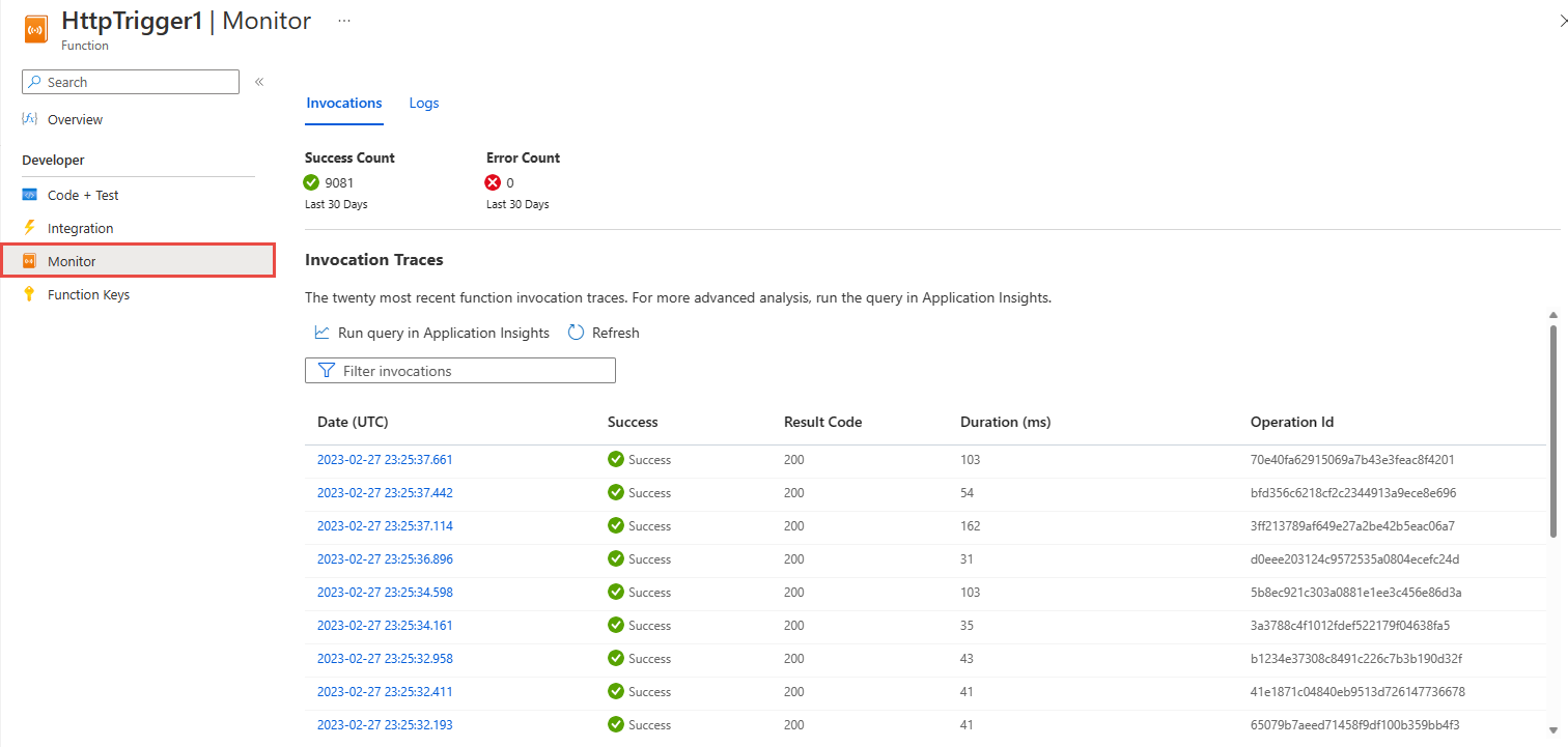 Captura de pantalla que muestra la página Supervisar para Azure Functions con invocaciones de función.
