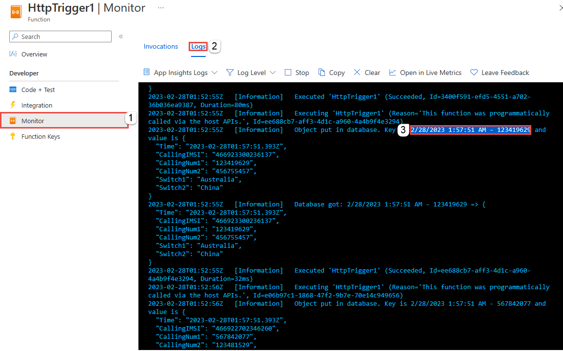 Captura de pantalla que muestra la página Registros de supervisión de la función de Azure. 
