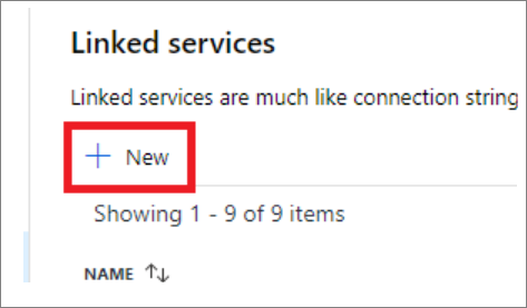 +New (+Nuevo) está resaltado en Linked services (Servicios vinculados)