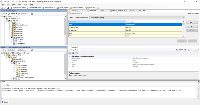 Captura de pantalla que muestra cómo migrar tablas de un entorno de Oracle existente a Azure Synapse mediante SQL Server Migration Assistant para Oracle.