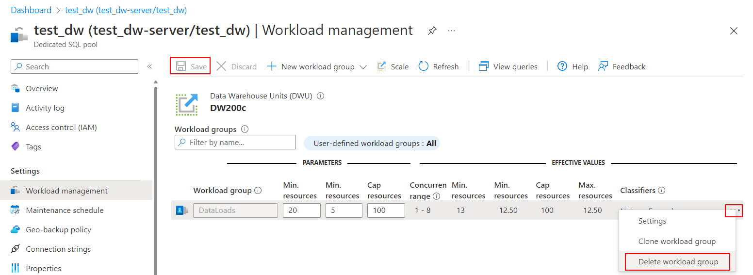 Captura de pantalla del Azure Portal, la página de administración de cargas de trabajo de un grupo de SQL dedicado. Seleccione Eliminar grupo de cargas de trabajo.