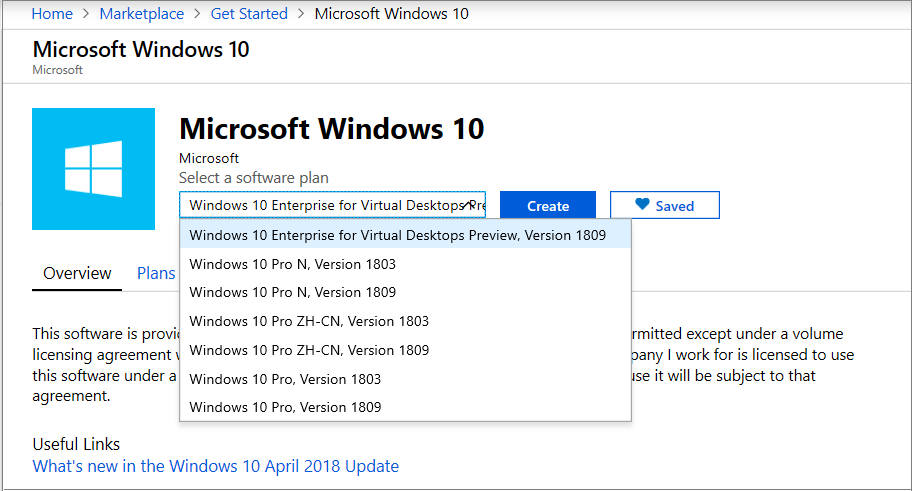 A screenshot of selecting Windows 10 Enterprise for Virtual Desktops, Version 1809.