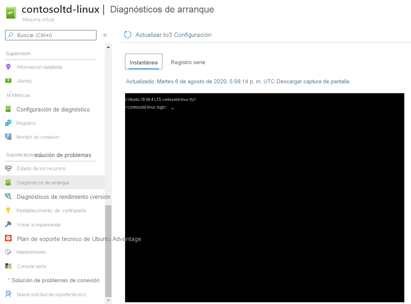 Captura de pantalla de diagnósticos de arranque de Linux