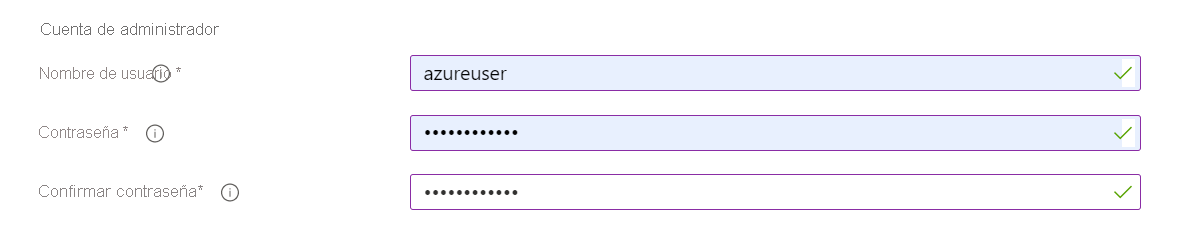 Captura de pantalla de la sección Cuenta de administrador, en la que se especifican el nombre de usuario y la contraseña del administrador.