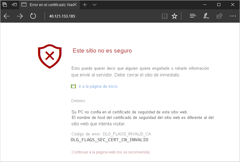Captura de pantalla de la advertencia de seguridad del explorador web.