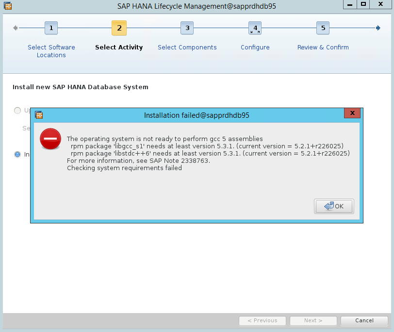 Captura de pantalla que muestra un mensaje de error que indica que el sistema operativo no está preparado para realizar ensamblados de g c c 5.