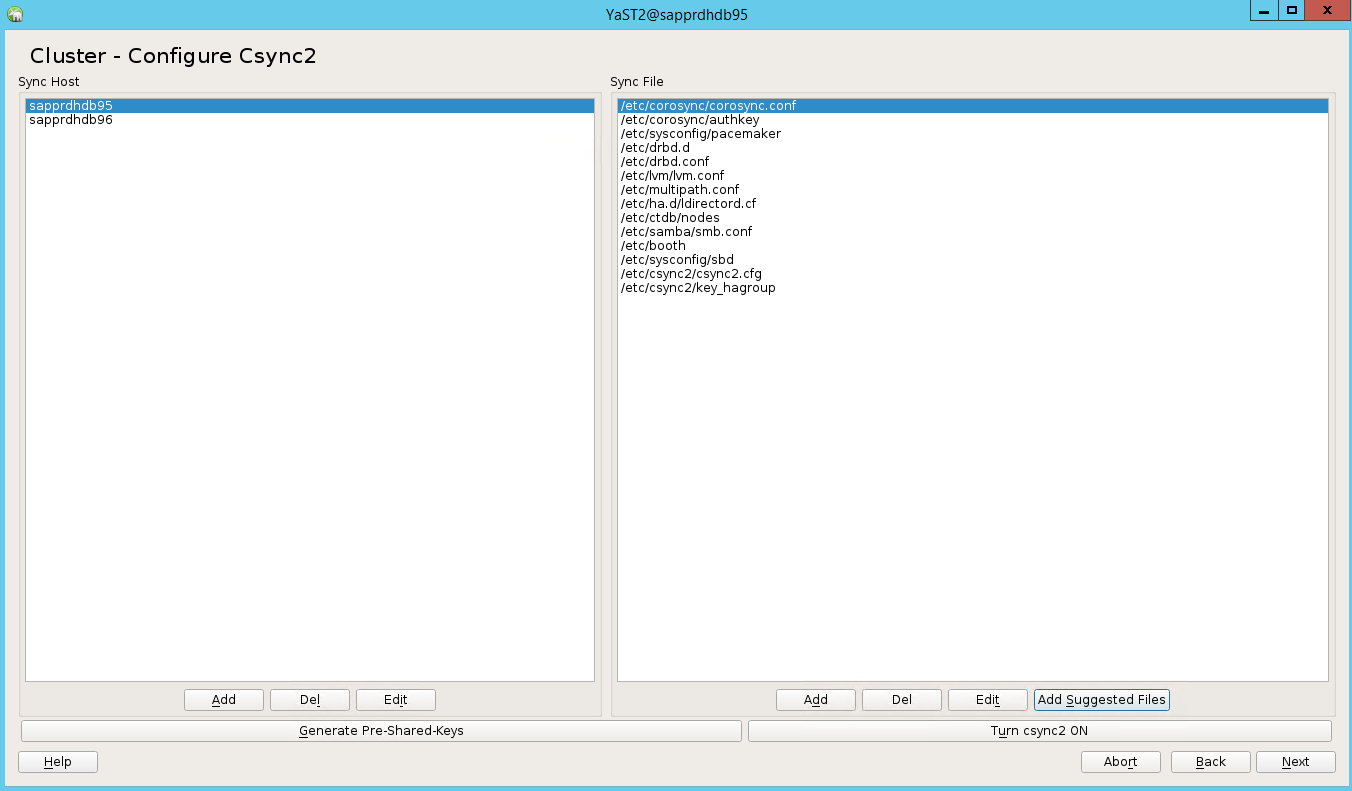 Captura de pantalla que muestra la ventana Cluster Configure (Configuración del clúster) con las listas Sync Host (Host de sincronización) y Sync File (Archivo de sincronización).
