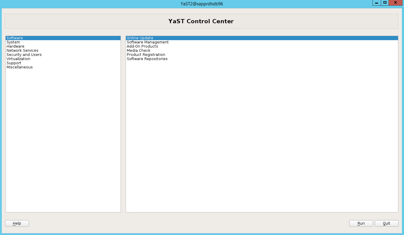 Captura de pantalla que muestra el centro de control de YaST con las opciones de software y actualización en línea seleccionadas.