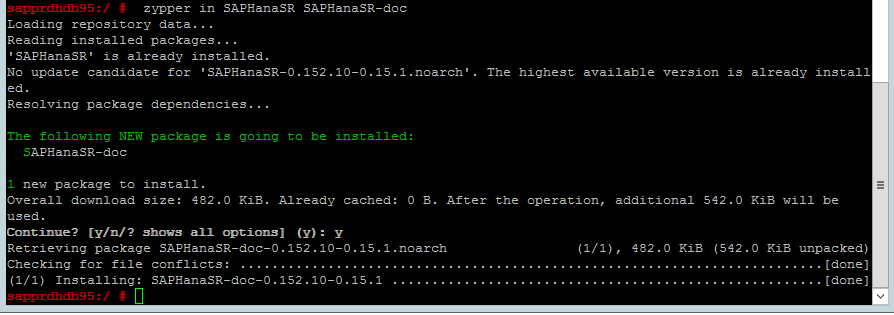 Captura de pantalla que muestra una ventana de la consola con el resultado del comando SAPHanaSR-doc.