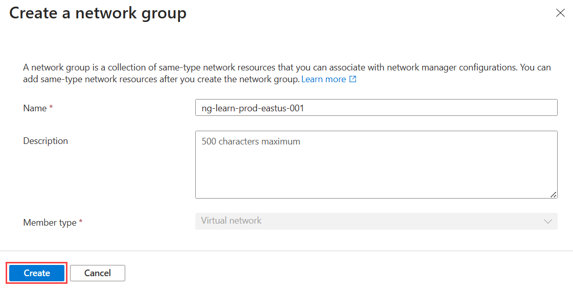 Captura de pantalla de la pestaña Conceptos básicos para crear una página de grupo de redes.