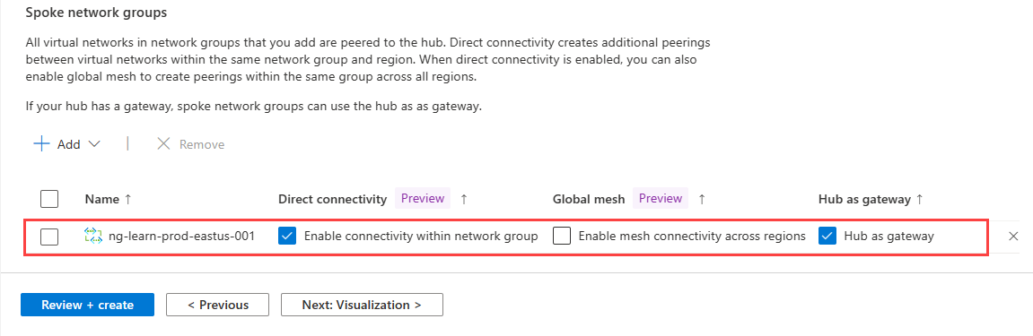 Captura de pantalla de las opciones para la configuración del grupo de red.