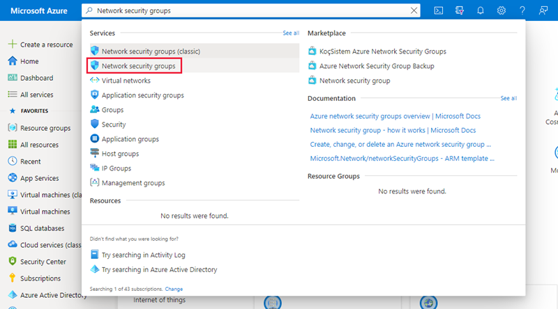 Captura de pantalla de la búsqueda de grupos de seguridad de red.