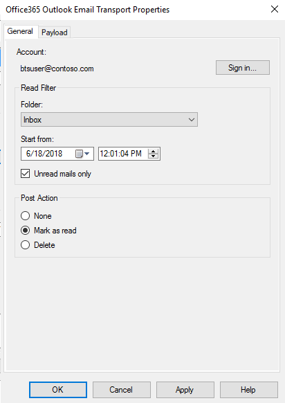 Office 365 propiedades de punto de conexión de correo en BizTalk Server