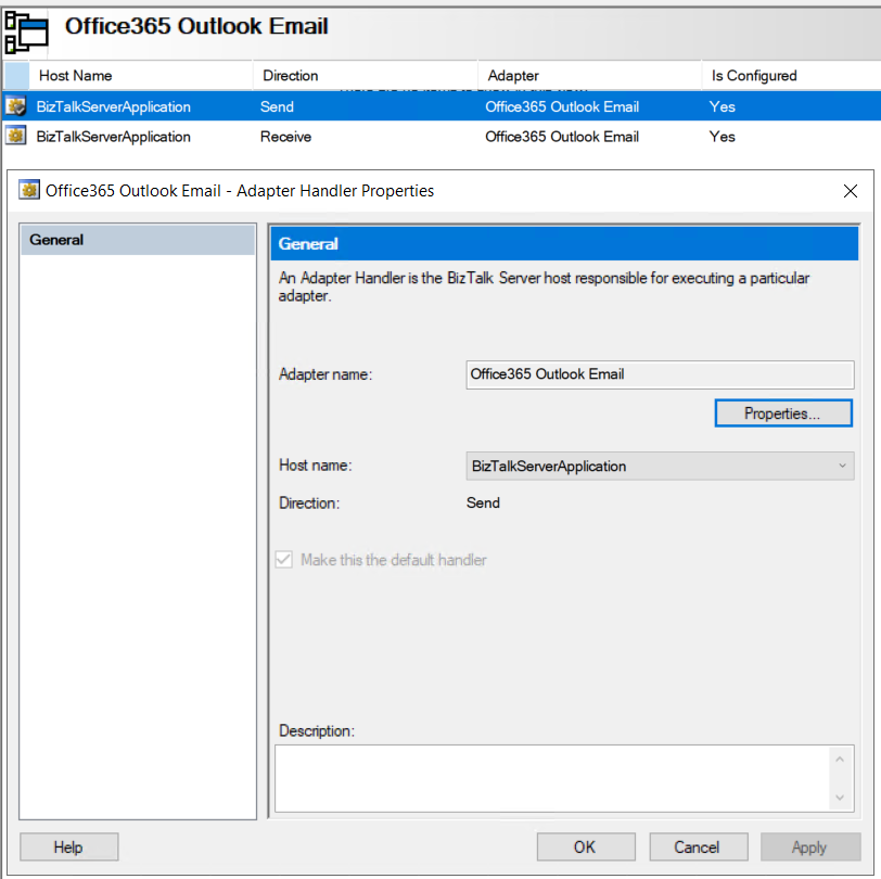 Office 365 configuración del controlador de envío de Outlook Email en BizTalk Server