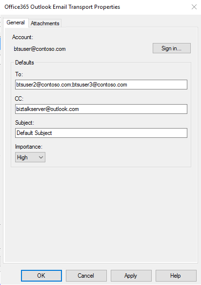 Office 365 propiedades generales de Outlook Email en BizTalk Server