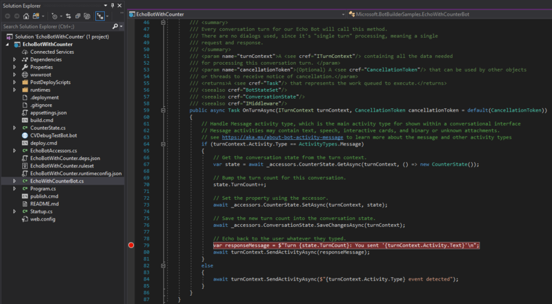 Captura de pantalla de un punto de interrupción de C# establecido en Visual Studio.