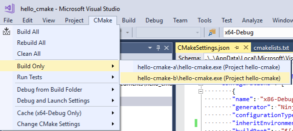 Captura de pantalla del menú principal de Visual Studio, abierto a CMake > Solo compilación.