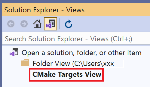 Captura de pantalla de la ventana Vistas del Explorador de soluciones. La vista de carpeta está abierta. La opción Ver destinos de C Make está resaltada.