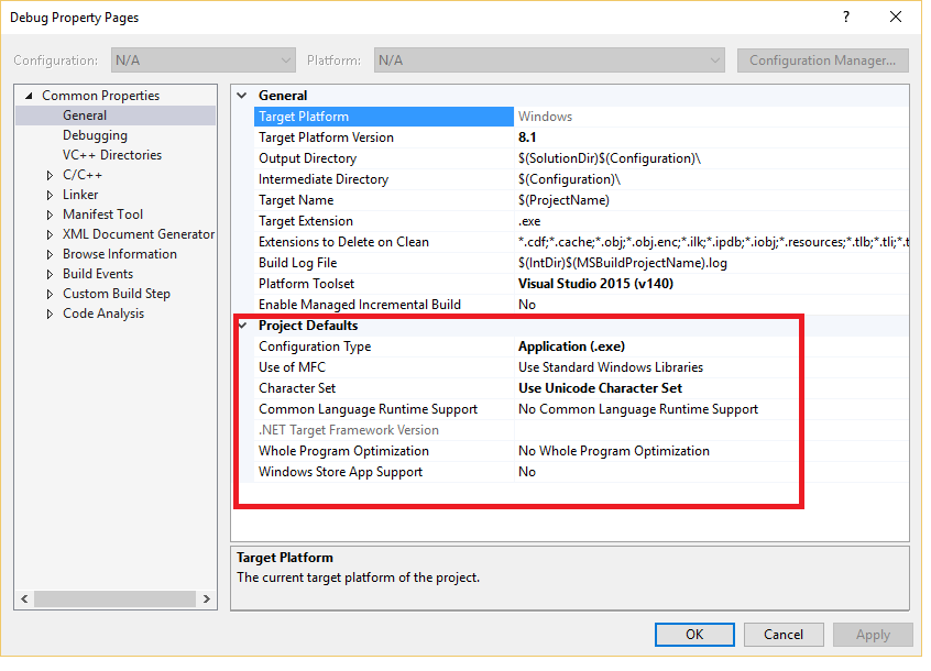 Captura de pantalla del cuadro de diálogo de propiedades del proyecto de Visual Studio.