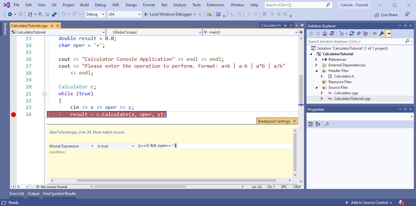 Captura de pantalla de Visual Studio que muestra el punto de interrupción Configuración emergente.