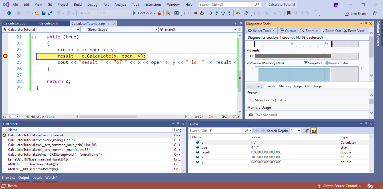 Captura de pantalla del editor de Visual Studio. La ejecución del programa se detuvo en el punto de interrupción condicional de la línea: result = c.Calculate(x, oper, y);.