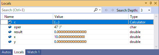 Captura de pantalla de la ventana Variables locales de Visual Studio, en la que se muestran los valores actuales de las variables locales durante la depuración.