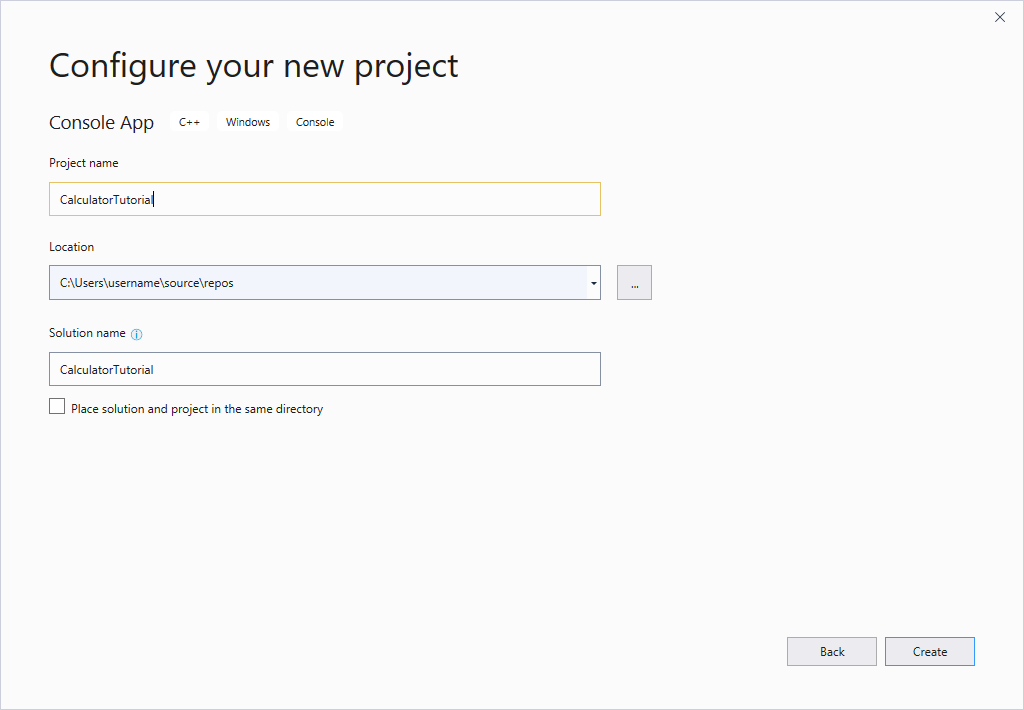 Captura de pantalla del cuadro de diálogo Configurar el nuevo proyecto de Visual Studio. Tiene campos para el nombre del proyecto, la ubicación del proyecto y el nombre de la solución.