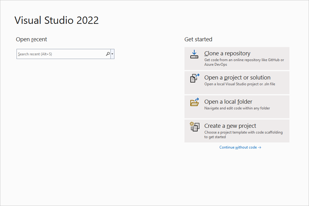 Captura de pantalla del cuadro de diálogo que aparece cuando se inicia Visual Studio 2022.